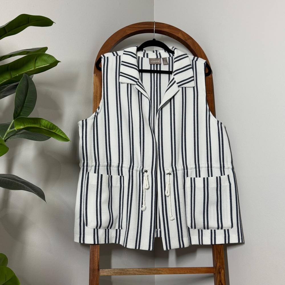 Chico's XL Nautical White Blue Striped Open Front Vest Pockets